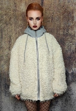 Fluffy fleece jacket faux fur 90s hooded bomber in cream