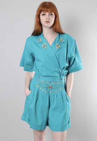 VINTAGE 80S TURQUOISE STUDDED WRAP PLAYSUIT