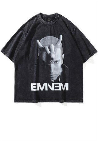 RAPPER PRINT T-SHIRT Y2K EMINEM TEE RETRO GRUNGE TOP IN GREY