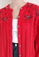 VINTAGE 80S BOXY BOW BEAD EMBROIDERY RED KNIT CARDIGAN M