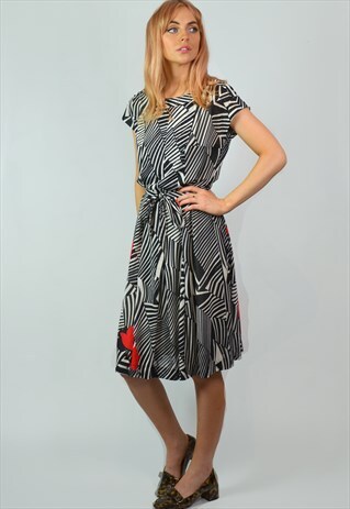 VINTAGE BLACK & WHITE PATTERN SUMMER WEDDING MIDI DRESS