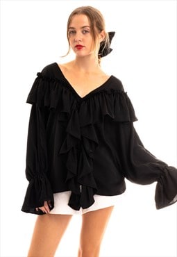 Front Frill detail long sleeves blouse top in black
