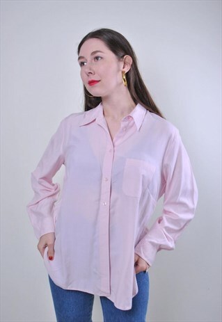 WOMEN VINTAGE PINK LONG SLEEVE BLOUSE FOR WORK 