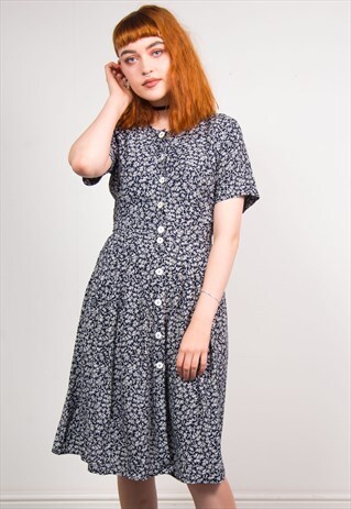 VINTAGE 90'S NAVY BLUE & WHITE FLORAL GRUNGE MIDI DRESS