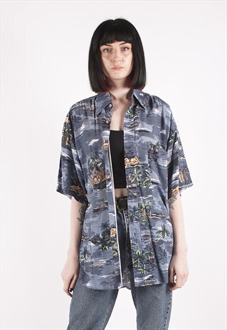 VINTAGE 90S BLUE CRAZY PATTERN HAWAIIAN SHIRT /NN3402