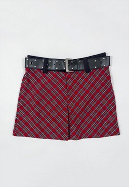 y2k belted red plaid mini skirt