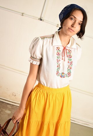 VINTAGE 70S PARIS CHIC BOHO FESTIVAL FOLK EMBROIDERED TOP
