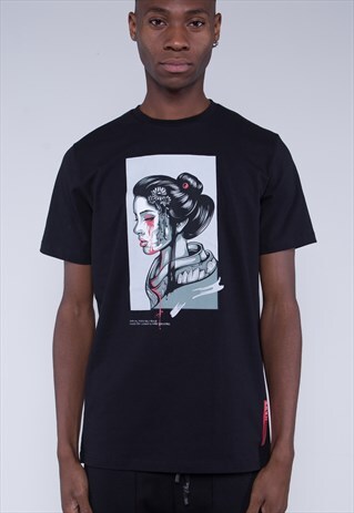 BLACK REGULAR FIT T-SHIRT WITH CHEST AND BACK GRAPHIC