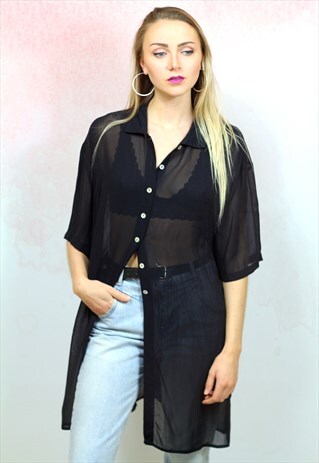 1990S VINTAGE JET BLACK SEMI SHEER BUTTON UP SHIRT BLOUSE