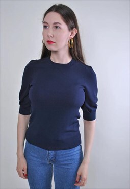 Women vintage blue minimalist high neck blouse 
