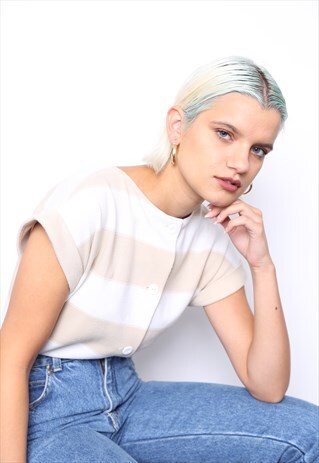 VINTAGE 60S BEIGE WHITE BRETON STRIPED BUTTON KNIT TOP