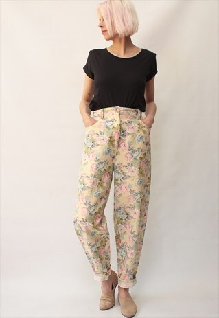 VINTAGE 80' UNIQUE FLOWER PASTEL LINEN HIGH WAIST TROUSERS
