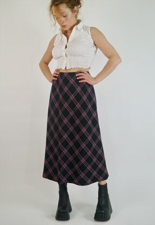 VINTAGE 90S WOOL PLAID CHECK PINK BLACK MIDI SKIRT
