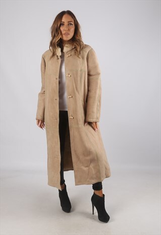 VINTAGE SHEEPSKIN SUEDE SHEARLING COAT LONG UK 16 XL (9AD)