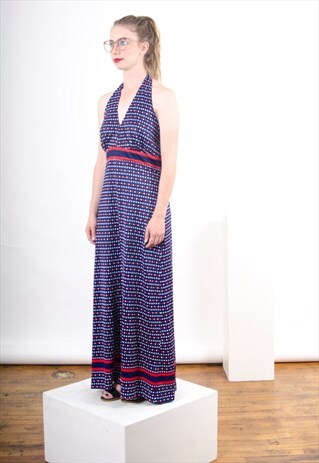 ON SALE NAUTICAL NAVY HALTER DRESS / 70S SUN DRESS