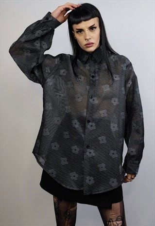 Transparent mesh shirt long sleeve floral sheer blouse grey