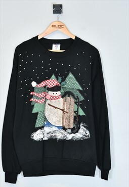 Vintage Christmas Snowman Sweatshirt Black Large