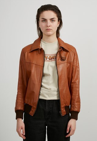 VINTAGE BROWN FAUX LEATHER BOMBER JACKET