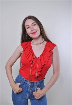 Red ruffle top, sleeveless blouse, vintage ruffled blouse