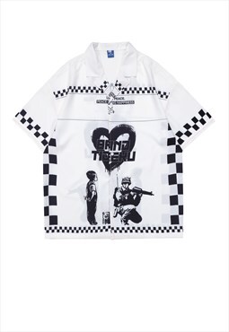 Heart graffiti print shirt check war top in white black