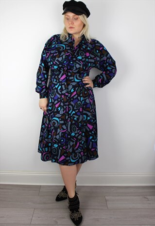 VINTAGE 1980'S PURPLE PINK ABSTRACT PATTERN MIDI DRESS 14