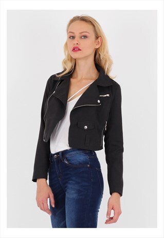 BLACK FAUX SUEDE CROPPED BELTED BIKER JACKET