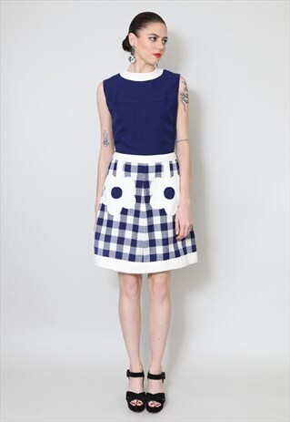 60'S VINTAGE LADIES DRESS BLUE LINEN WHITE CHECK DAISY MOD