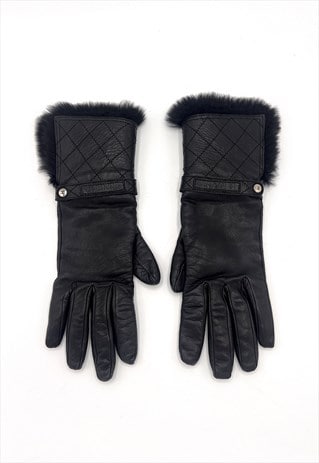 Chanel Leather Gloves Black Logo CC Button Quilted 6 1/2 