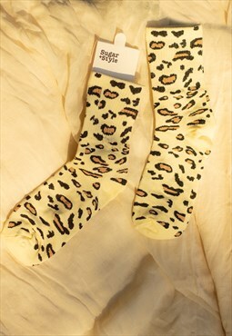 Cream Leopard Print Crew Socks