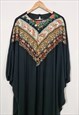 VINTAGE 70'S BLACK FLORAL BIB KAFTAN DRESS 