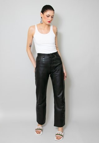 80'S VINTAGE LADIES BLACK LEATHER STRAIGHT JEAN TROUSER