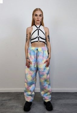 Unicorn fur joggers raver pants festival rainbow trousers