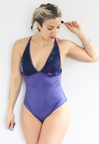 VINTAGE 1990S PURPLE IRIDESCENT HALTER HIGH CUT SWIMSUIT