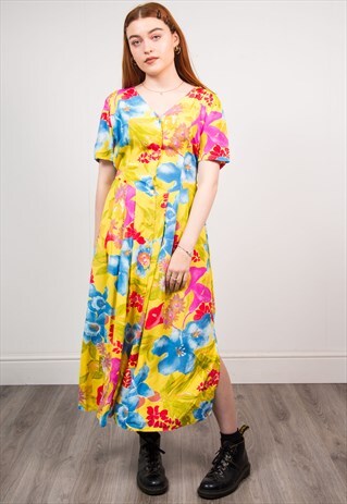 90'S BRIGHT MULTICOLOUR FLORAL MIDI DRESS