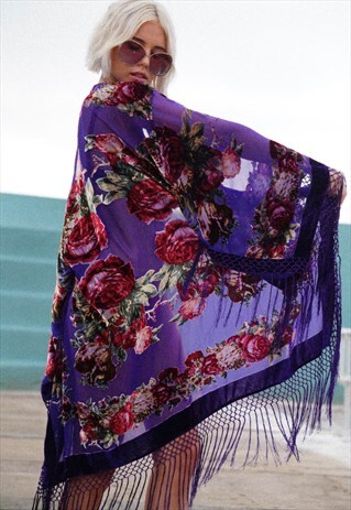 BURNOUT VELVET FESTIVAL KIMONO JACKET WITH FRINGING