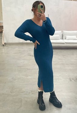 Blue Long Sleeve Knit Dress with Split