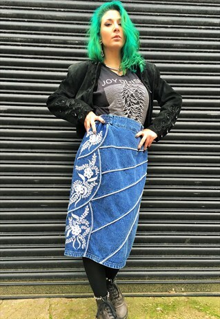 VINTAGE DENIM PENCIL SKIRT WITH PEARLS AND SEQUINS