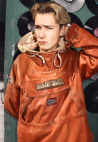 RARE VINTAGE NAPAPIJRI ORANGE LEATHER PULLOVER JACKET