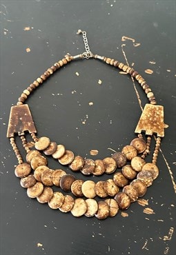 70's Vintage Ladies Wood Brown Disc Beaded Necklace