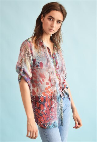 90'S RETRO ANIMAL PRINT SHEER SHIMMER BLOUSE TOP