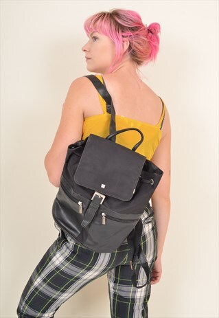 VINTAGE 90'S CANVAS BACKPACK HANDBAG BLACK W/ FAUX LEATHER