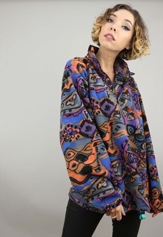 VINTAGE 90S OVERSIZED 1/4 ZIP PATTERNED FLEECE