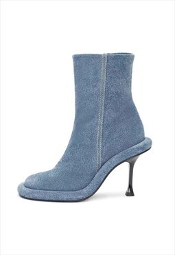 Round Toe Stiletto Denim Platform Ankle Boots