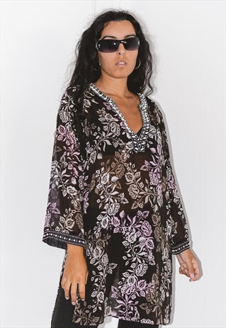 Vintage 00s Transparent Beach Printed Hibiscus Tunic