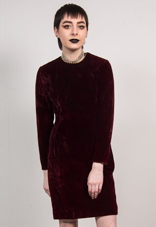 VINTAGE 90'S DARK MAROON VELVET LONG SLEEVE MINI DRESS