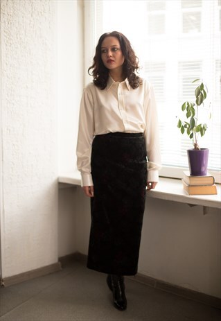 VINTAGE 80'S BLACK FLOWER PATTERNED VELVET MAXI SKIRT