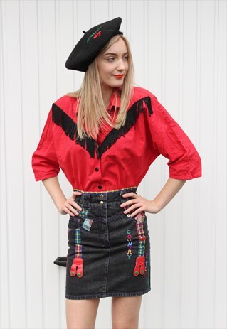 VINTAGE BLACK RED DENIM COWBOY FESTIVAL MINI SKIRT GINGHAM