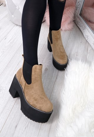 KHAKI WOMENS CHELSEA BOOTS PLATFORM BLOCK HEEL SHOES