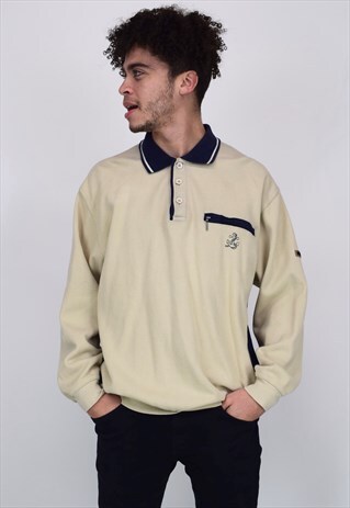 VINTAGE 90'S MAN'S WORLD ANCHOR SPORT BEIGE AND NAVY SWEATER