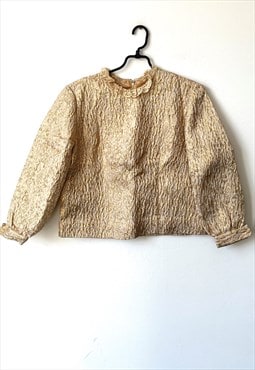 Vintage 70's Gold Short Boho Blouse With Crochet Collar